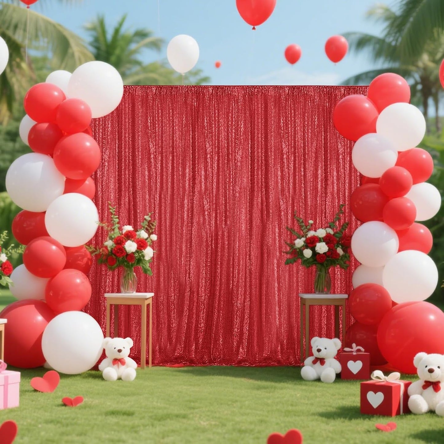 Red Sequin Backdrop Curtain 2 Pieces 2FTx8FT Glitter Photography Backdrop for Party Wedding Birthday Christmas Decorations