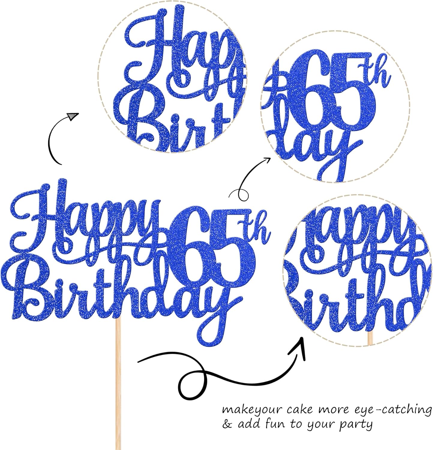 1 PCS Happy 65th Birthday Cake Topper Glitter Cheers to 65 Years Birthday Cake Pick Sixty Five 65 Fabulous Cake Decoration for Happy 65th Birthday Theme Party Decorations Supplies Blue