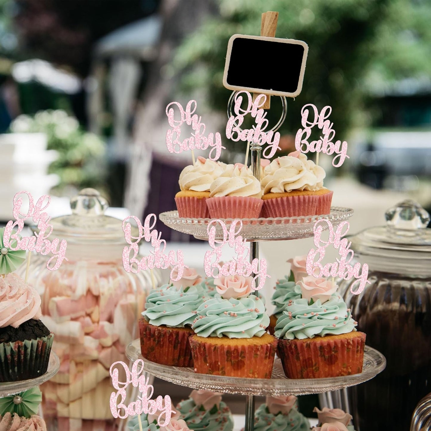 Gyufise 36Pcs Oh Baby Cupcake Toppers Glitter Baby Shower Cupcake Picks for Gender Reveal Baby Shower Kids Boys Girls Birthday Party Cake Decorations Supplies Light Pink