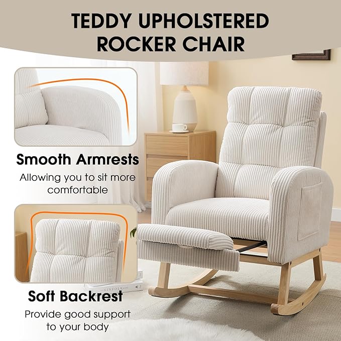 NIOIIKIT Nursery Rocking Chair, Corduroy Upholstered Rocking Chair - Image 6
