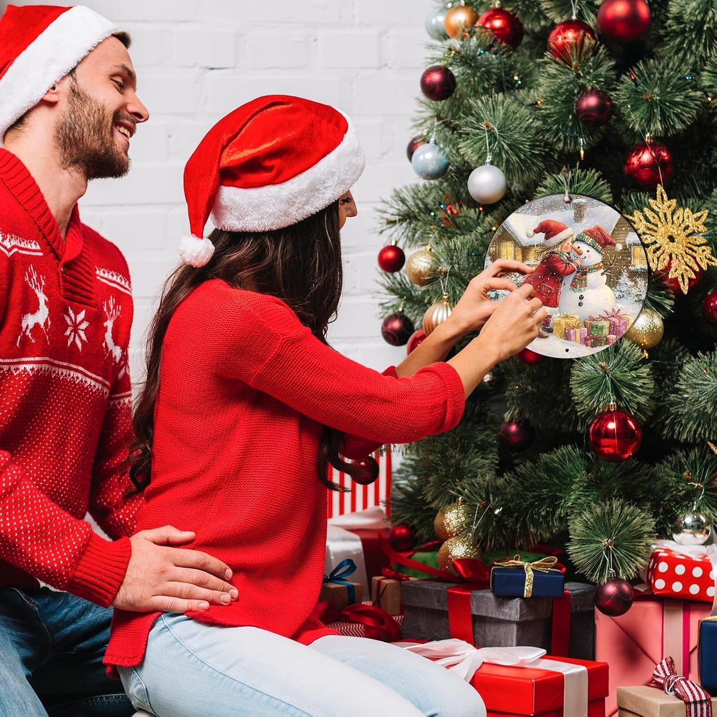 Round Wall Decor Metal Sign - Girl & Snowman Rustic Wall Plaque - Christmas Wreath Sign - 8*8 in