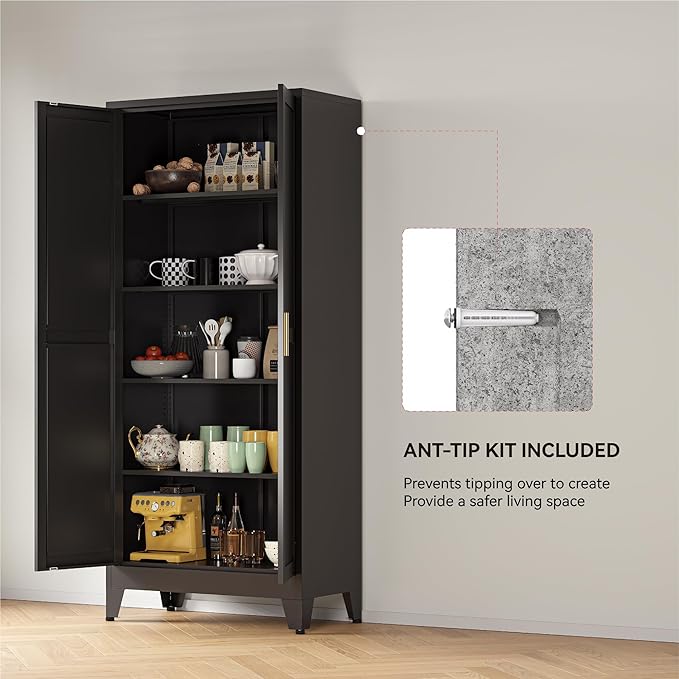 YAUWOH 71''Metal Cabinet with 4 Adjustable Shelves, 5-Tier Pantry Storage - Image 5