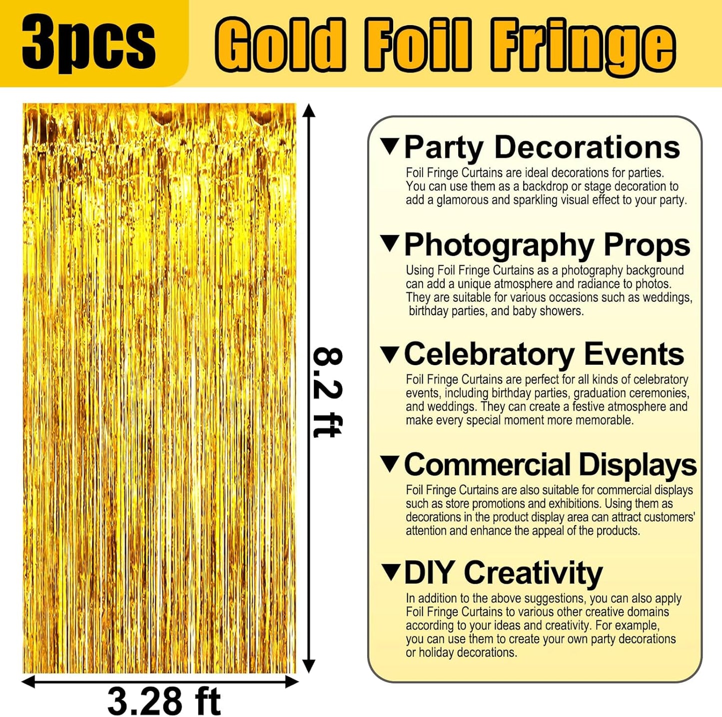 3 Pack Gold Foil Fringe Curtain Backdrop, 3.28Ft x 8.2Ft Metallic Tinsel Foil Fringe Streamer Curtains for Photo Booth, Christmas Day, Thanksgiving, Wedding, New Year Party Decorations