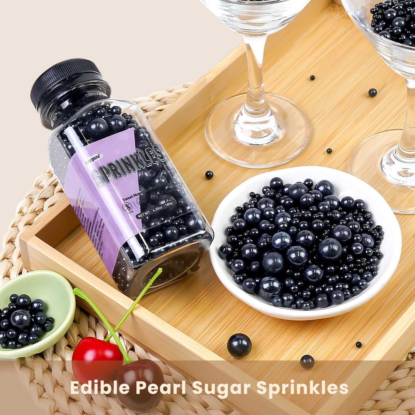 Edible Black Pearl Sugar Sprinkles, Black Pearl Sprinkles for Cake Decorating, 180g/6.35oz, Cupcake Toppers, Cake Decorations, Ice Cream, Wedding Party Halloween Supplies