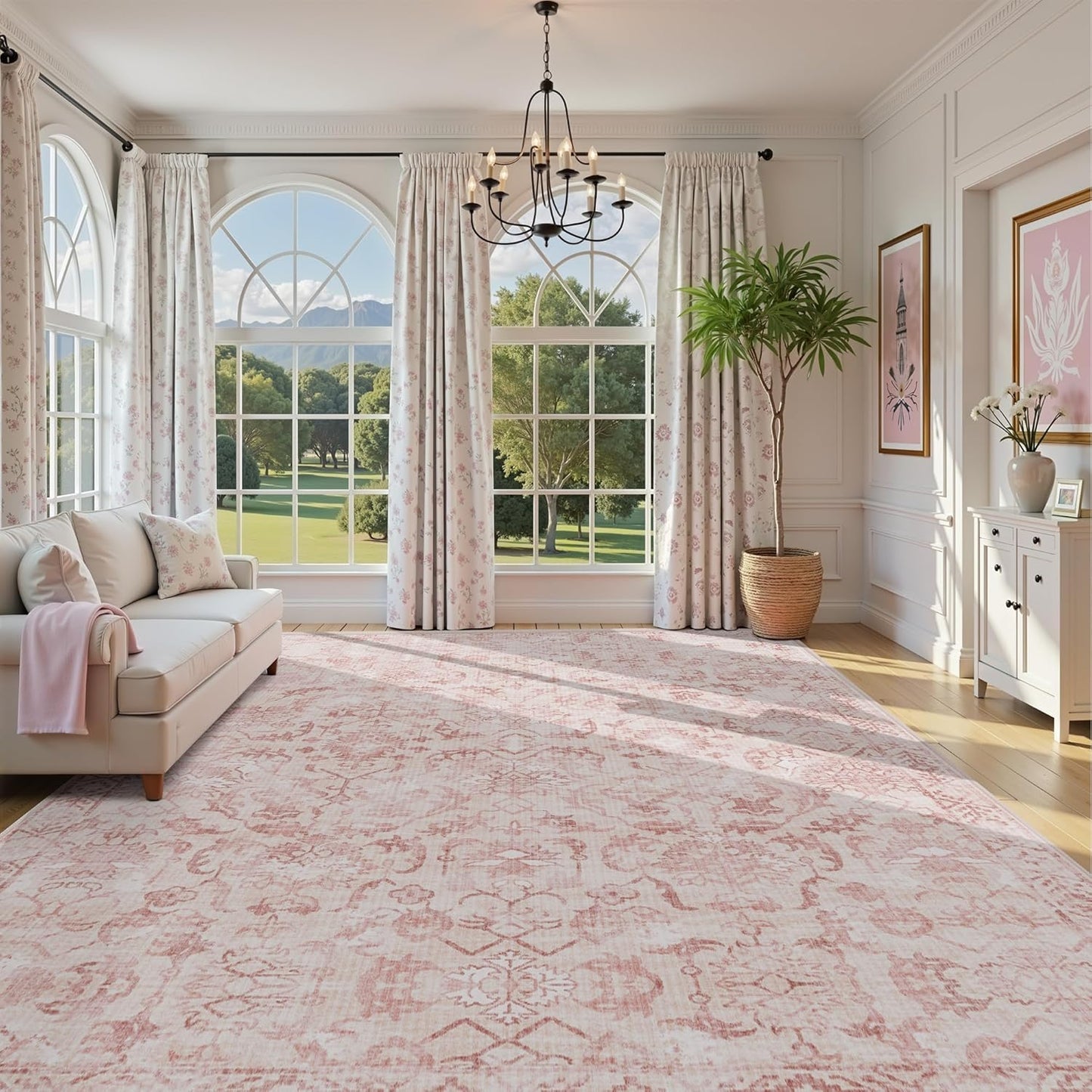Pink Extra Large Area Rug 10x14 for Living Room, Distressed Washable Rug for Dining Room Bedroom, Anti-Slip Low-Pile and Soft Accent Rug Farmhouse Office Home Decor