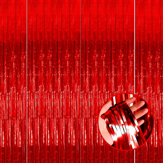 4 Pack Red Foil Fringe Curtain Backdrop, 3.28Ft x 8.2Ft Metallic Tinsel Foil Fringe Streamer for Party, Photo Booth Props, Birthday, 2022 Mother's Day Decoration Party Supplies