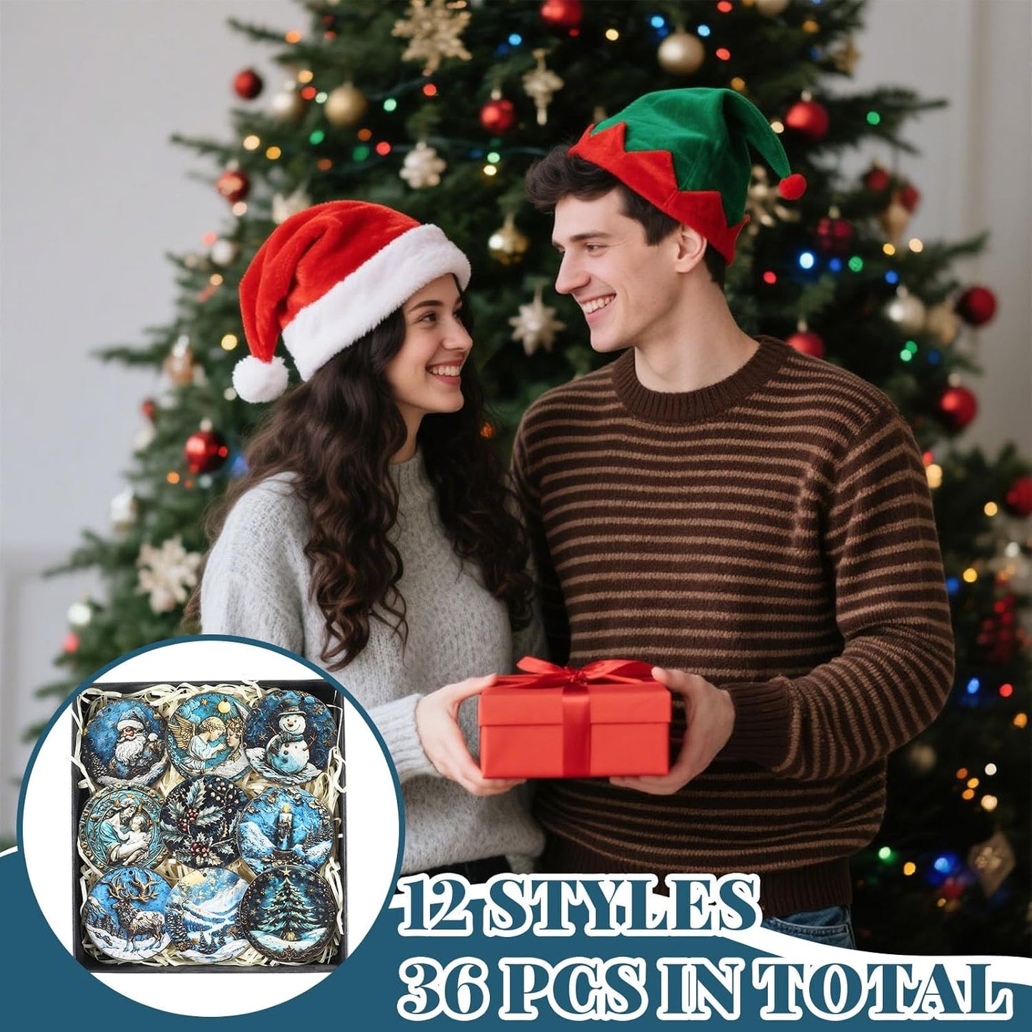 Suzile 36 Pcs Christmas Wooden Ornaments Navy Blue Christmas Tree Decoration Retro Round Nativity Scene Snowman Ornaments Vintage Xmas Hanging Decoration for Farmhouse Home Wreaths Winter Party