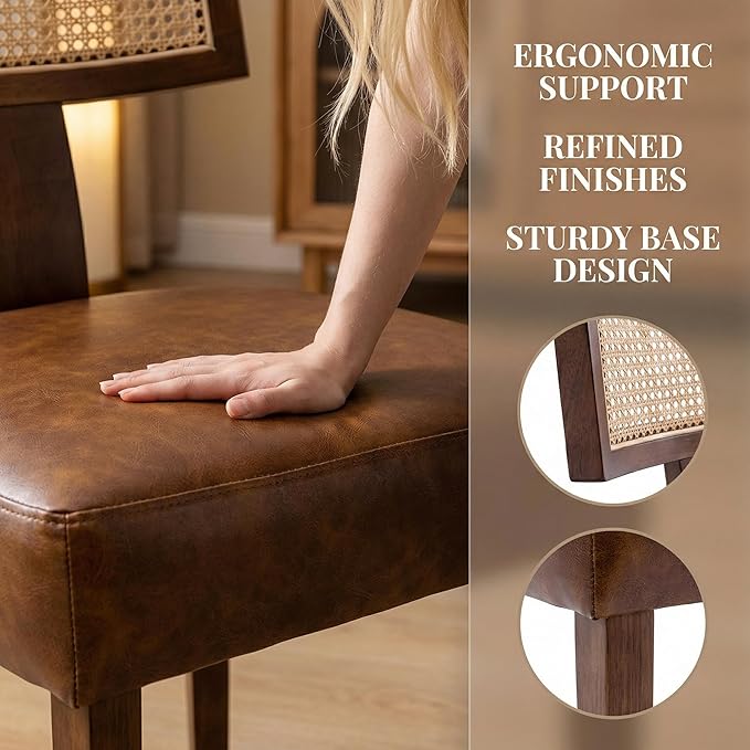 HNY Mid Century Modern Rattan Dining Chairs Set of 6, Farmhouse PU Leather - Image 4