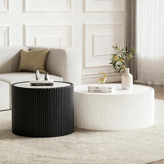 SSLine Round Drum Coffee Table Set of 2 Modern Sintered Stone Top Nesting by SSLine