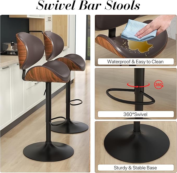 KCC Bar Stools Set of 3, Swivel Adjustable Height Barstools, PU Leather - Image 4