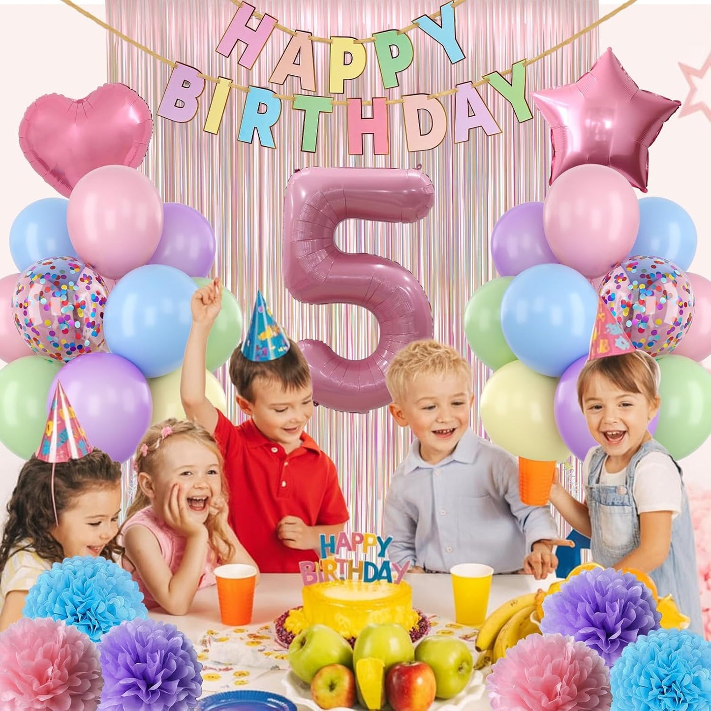 Pastel 5th Birthday Party Decorations for Girls Number 5 Balloon Happy Birthday Banner Butterfly Stickers Fringe Curtain Paper Pom Poms Macaron Pink Star Heart Foil Colorful Balloons 5 Year Old Decor