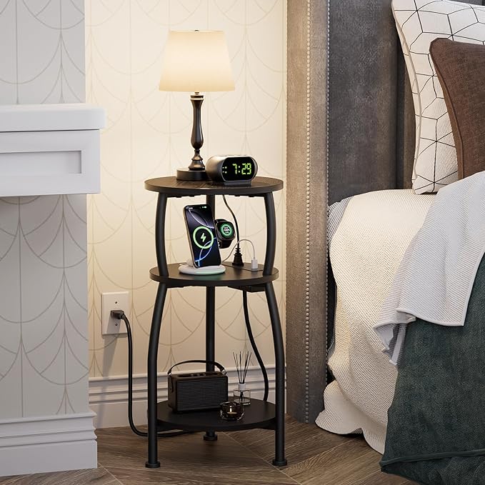 Round Side Table with Power Outlet & USB Ports, 3-Tier End Table with Storage - Image 2