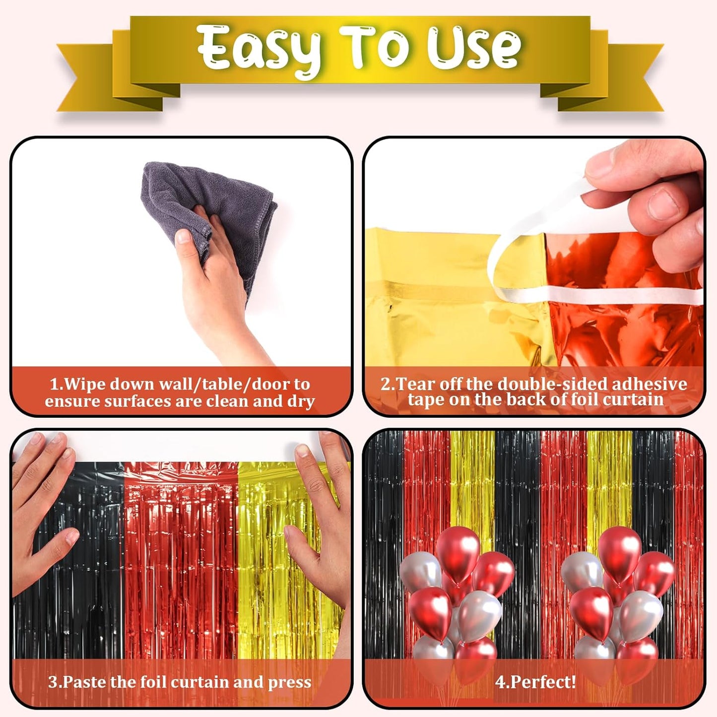 2 Pack Red Black Gold Foil Fringe Backdrop Curtains, Tinsel Streamers Party Decorations, Fringe Backdrop, Door Shimmer for Thanksgiving Day or Birthday Party