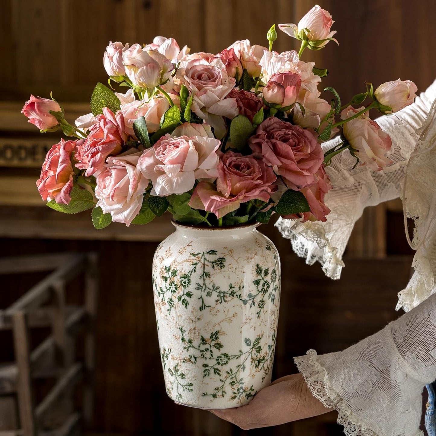 Vintage Pastoral Green and Beige Vase, Round Ceramic Floral Vases, Retro Ice Cracked Chinoiserie Vase for Home Decor, Living Room, Bookshelf, Office, Rustic Table Centerpiece 7.8 Inch