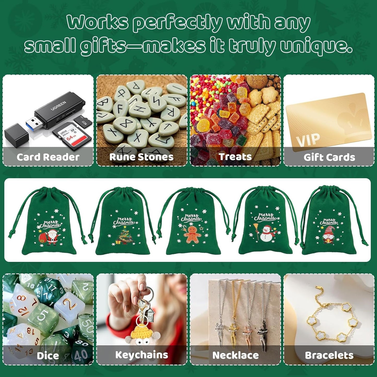 Tapleap Christmas Bags with Drawstring - 50Pcs 3x4 Green Velvet Coth for Wrapping Christmas Party Favors or Gifts for Friends, Children, Customers