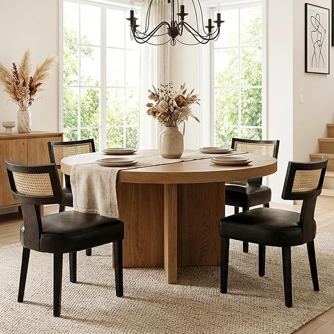 HNY Mid Century Modern Rattan Dining Chairs Set of 6, Farmhouse PU Leather - Image 7