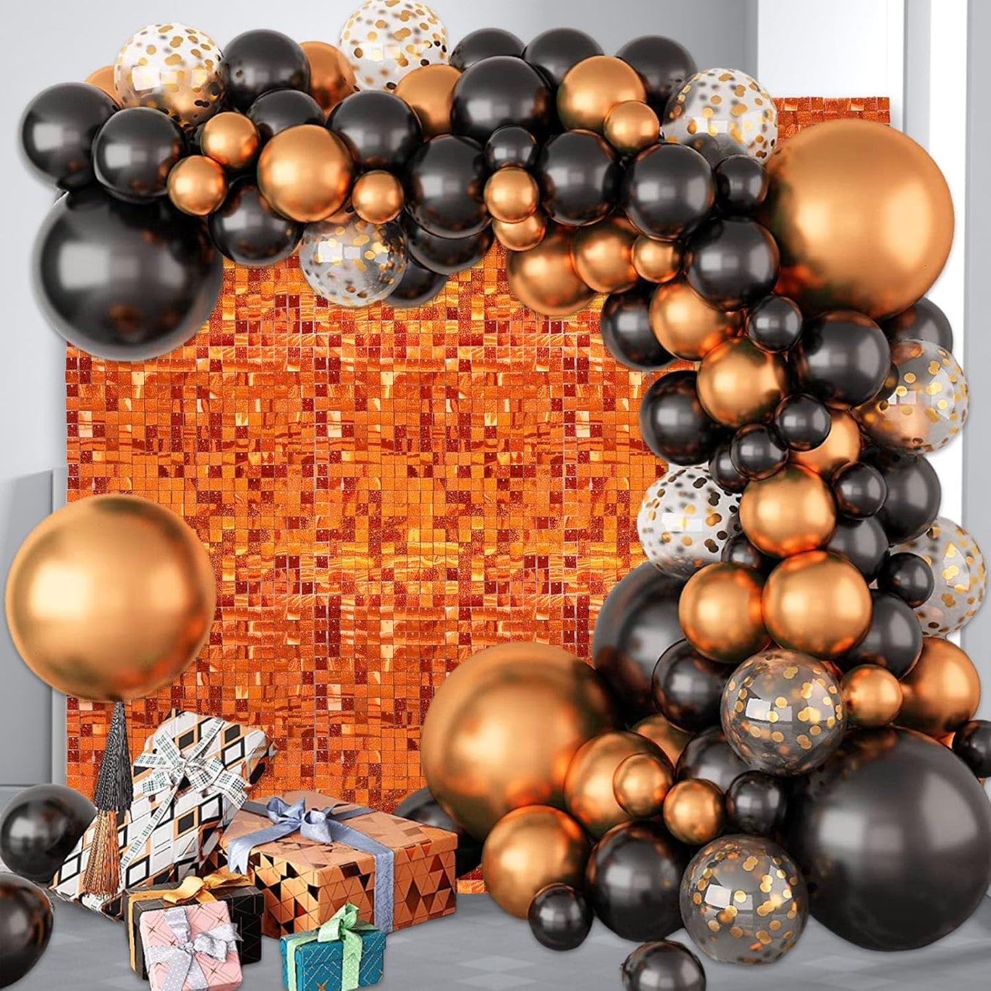 24PCS Orange Shimmer Wall Backdrop, Laser Square Sequin Photo Backdrops Panel, Glitter Wall Background for Birthdays, Weddings, Halloween, Engagements, Disco Bachelorette Party Decoration (4FTx6FT)