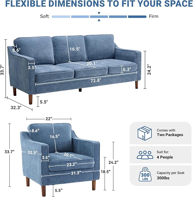 Kingfun Living Room Furniture Sets, 3 Seater Couch and Armchair, Mid Century - Image 2