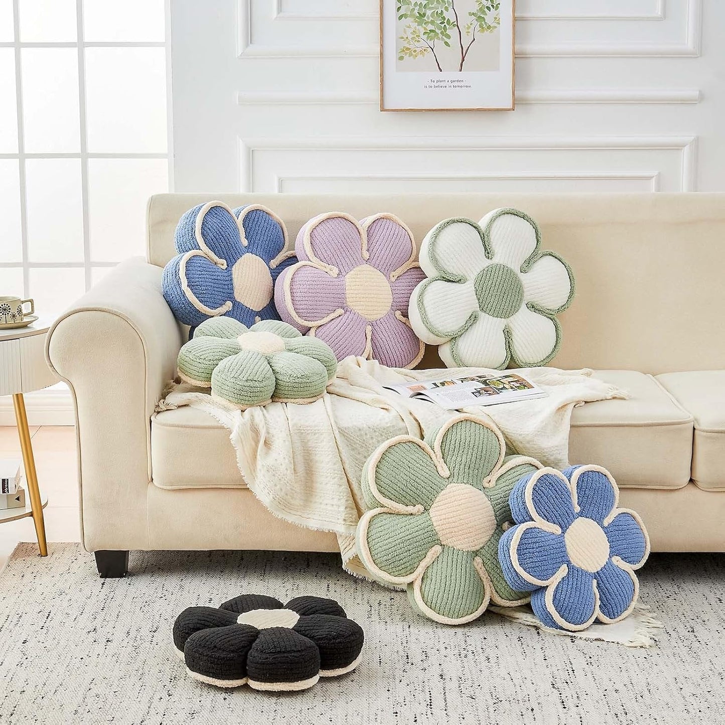 Flower Pillow, Soft Flower Decorative Throw Pillow, Cute Daisy Flower Shaped Seating Floor Cushion Room Décor Plush Pillows for Sofa Couch Bed (17.7 Inch, White)