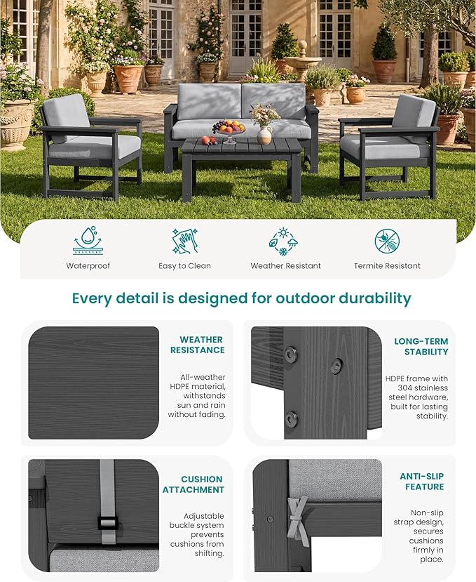 SERWALL 8 Pieces HDPE Outdoor Conversation Sofa Set - Image 4