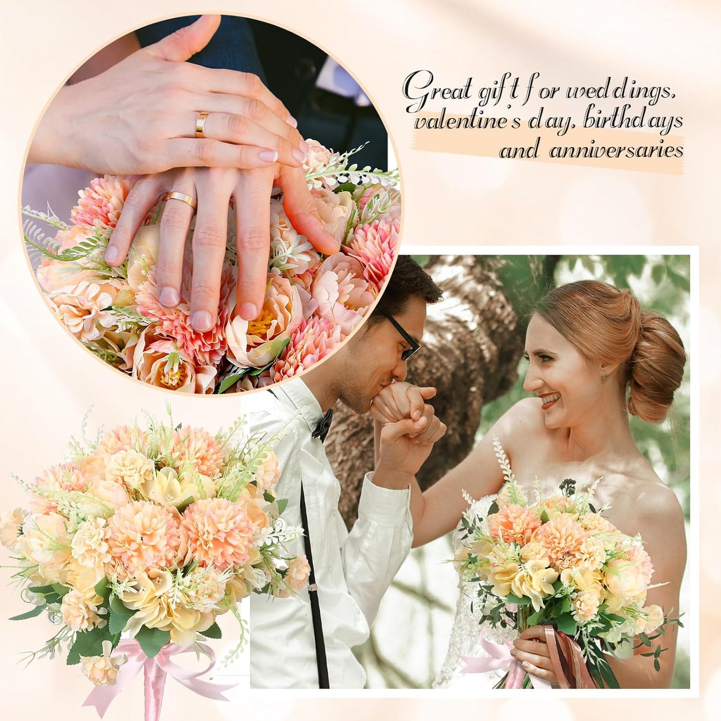 Tigeen Artificial Flowers Artificial Peonies Silk Flowers Faux Peony Fake Peony Silk Hydrangea Bouquet for Wedding Table Centerpiece Floral Vase Decor(Orange,12 Bundles)