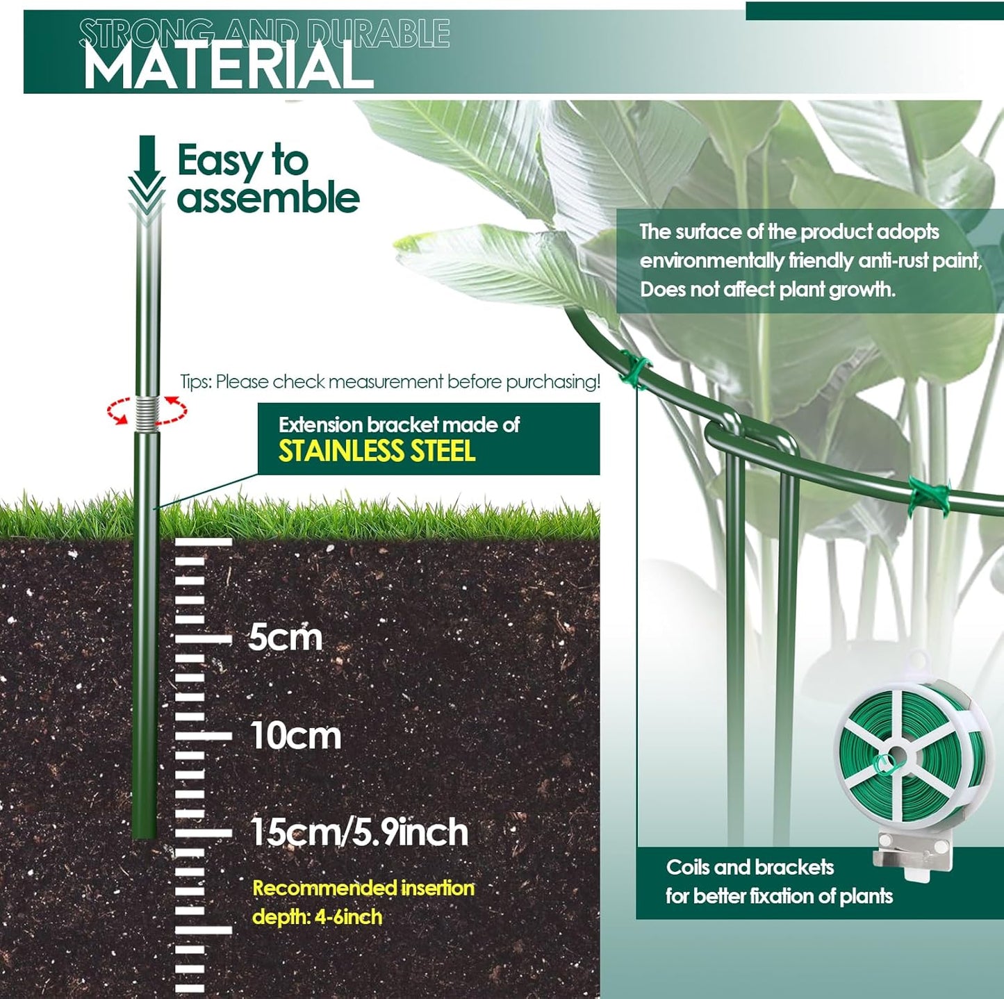 12 Pack 30 inch Plant Support Stakes, Heavy-Duty Half Round Peony Support, Garden Plant Stakes Cage for Outdoor Plants, Peony, Tomato, Hydrangea, (15ln Support +15ln Stainless Extension Tubes)