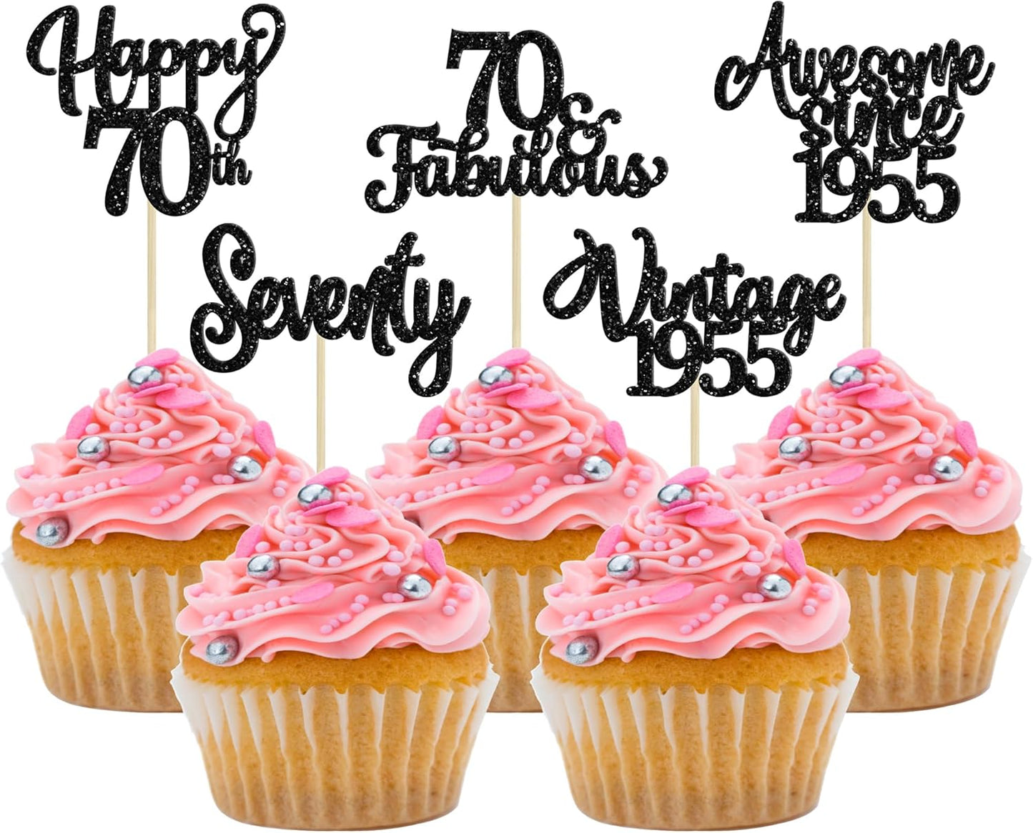 30Pcs Happy 70th Birthday Cupcake Toppers Glitter Seventy Vintage 1955 Cupcake Picks Cheers to 70 Fabulous Cake Decorations for 70th Birthday Wedding Anniversary Party Supplies Black