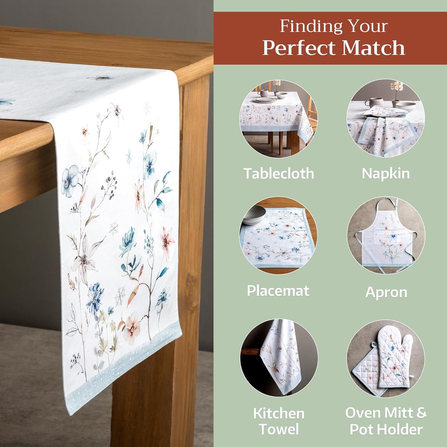 Maison d' Hermine Table Runner 100% Cotton Double Layer Table Runners 108 inches Long Decorative for Home Kitchen Dining Party Baby Shower Wedding Bridal Shower (Ice Florals, 14.50" x 108")