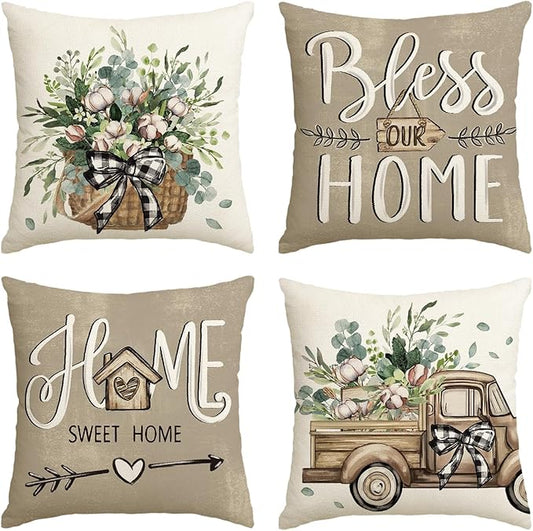 AVOIN colorlife Bless Our Home Farmhouse Eucalyptus Leaves Throw Pillow Covers by AVOINcolorlife