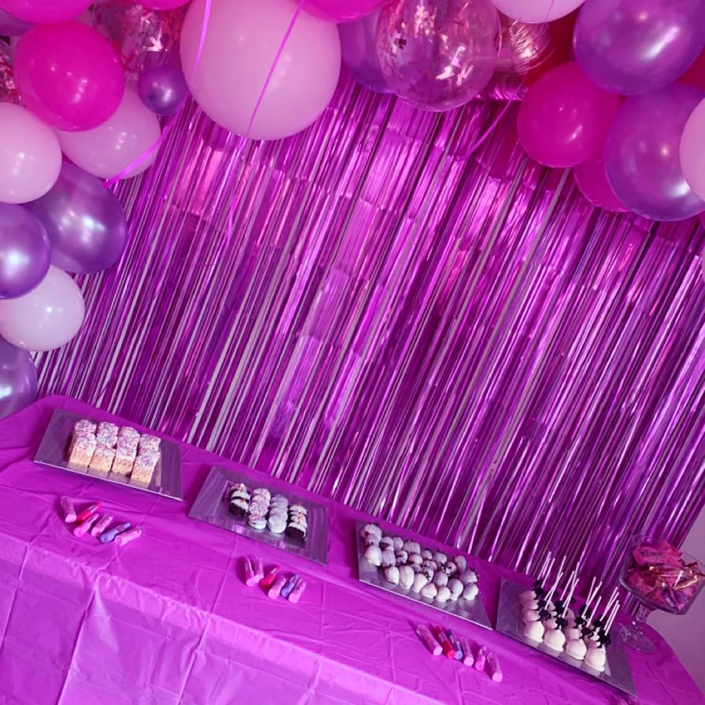 CANREVEL 2 Pack 3.3x8.2 Feet Hot Pink Foil Fringe Backdrop Curtains, Tinsel Streamers Birthday Party Decorations, Fringe Backdrop for Bachelorette Engagement Wedding Baby Bridal Shower Party