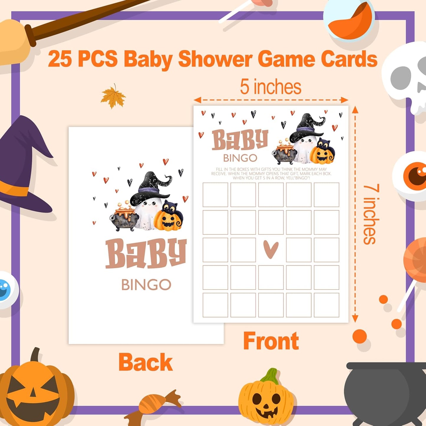 Baby Shower Games, Halloween Baby Bingo Card, 25 Double-Sided Game Cards for Gender Reveal Party Decorations Supplies Announcement - B03