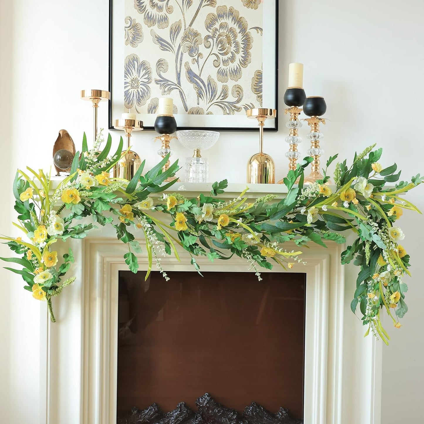 Mizii Yellow Artificial Flower Garland 6FT Fake Poppy Floral Garland Hanging Vines Spring Summer Flowers Decorations for Mantle Table Centerpieces Room Wall Fireplace Wedding Decor (Yellow)