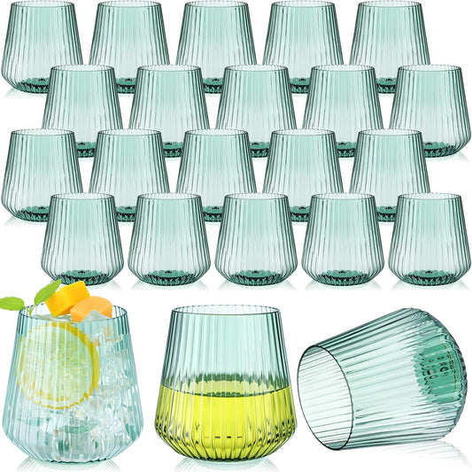 Suclain 50 Pcs Plastic Wine Glasses Ribbed Stemless Wine Glasses 14oz Vertical Design Unbreakable Cups for Outdoor Indoor Vintage Elegant Champagne Whiskey Cups for Party Wedding (Green)