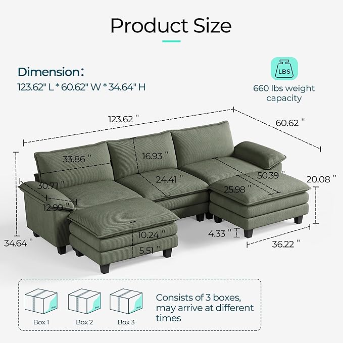 LINSY HOME 123" Modular U-Shaped Sectional Sofa, 3-Seat Corduroy Modern Cloud - Image 2