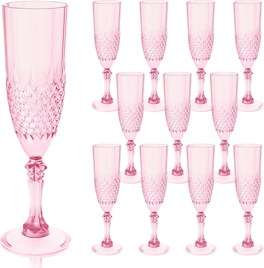 Plastic Champagne Flutes, 12PCS Pink Wine Glasses Goblets Cups Reusable Flute, for Weddings Bachelor Parties Toasting and Events(12, Pink)