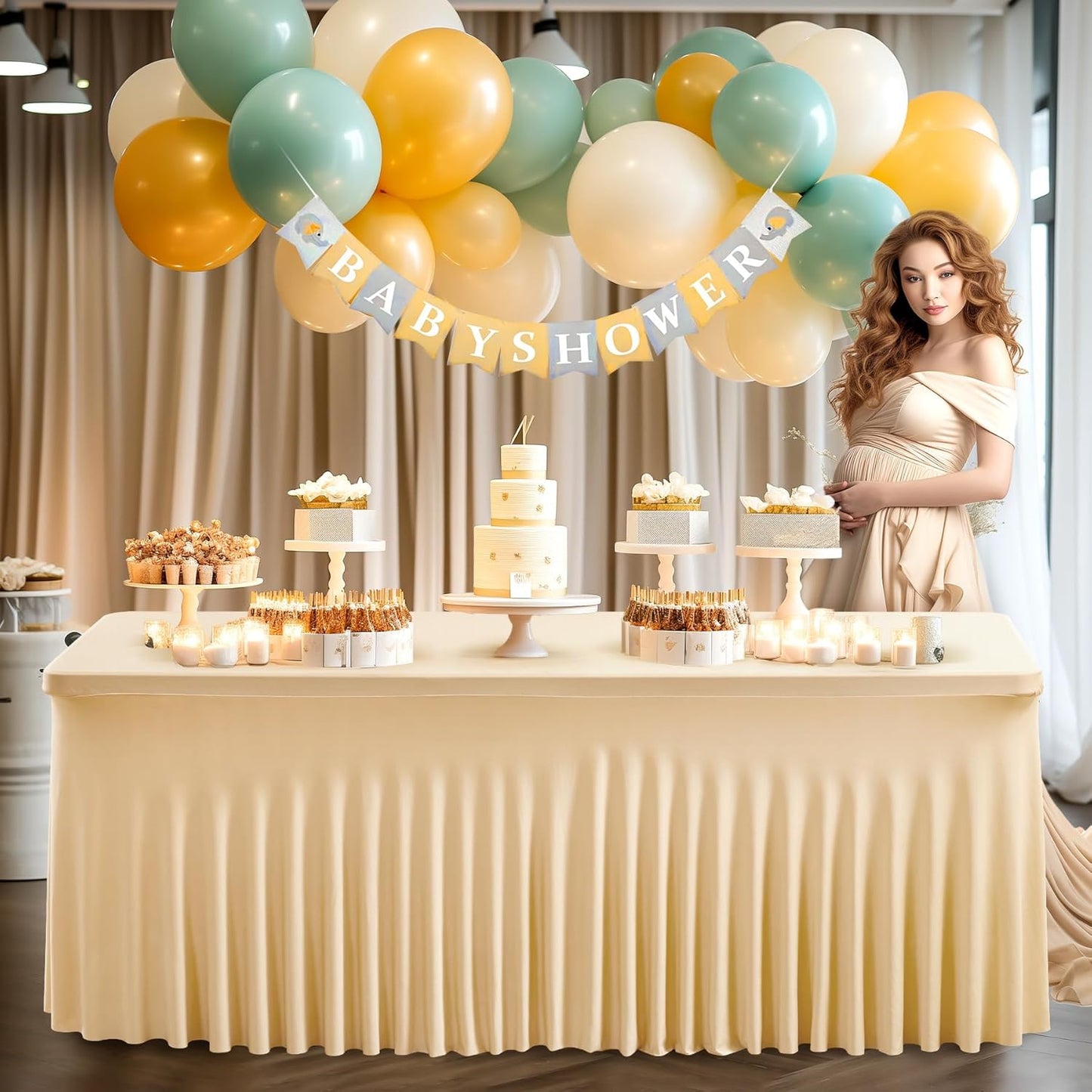 2 Pack Champagne Spandex Table Clothes for 4 Foot Rectangle Tables, 4FT Wrinkle Free Fitted Tablecloths Ruffles Design Table Cover for Party, Banquet, Wedding and Events