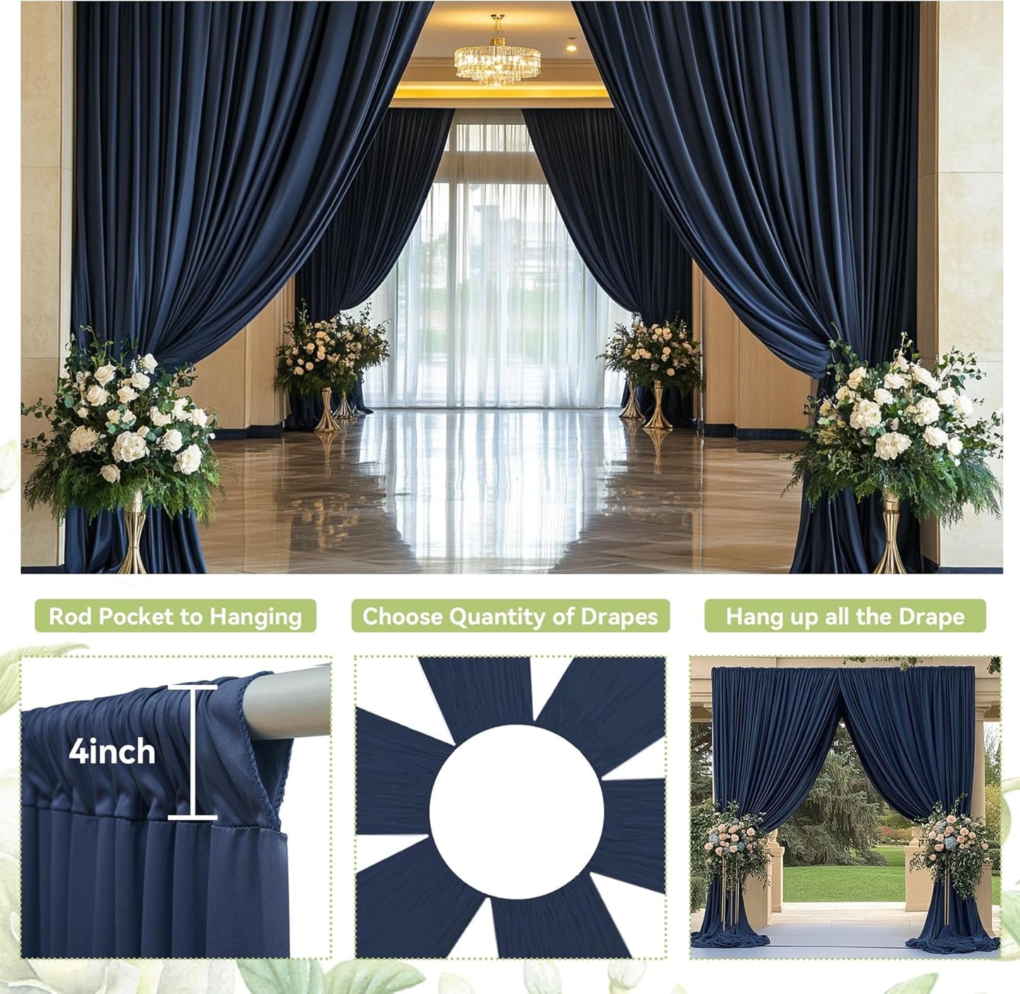 PartyVillage 10ft×15ft Navy Blue Backdrop Curtain for Wedding Parties, 2 Panels Wrinkle Free 15 FT Long Polyester Photo Backdrop Drapes Back Drop Cloth for Birthday Photography Background