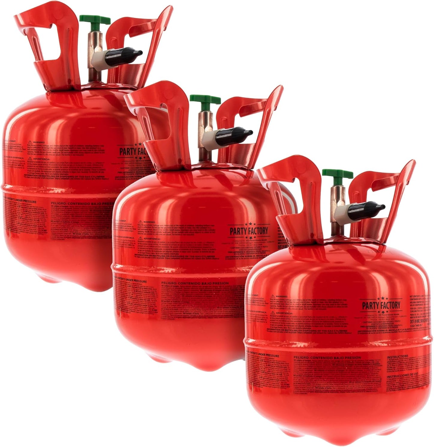 Party Factory set of 3 helium tanks for 20 balloons each, 3 helium cylinders with 5 cu. ft. gas each for party latex-, foil balloons
