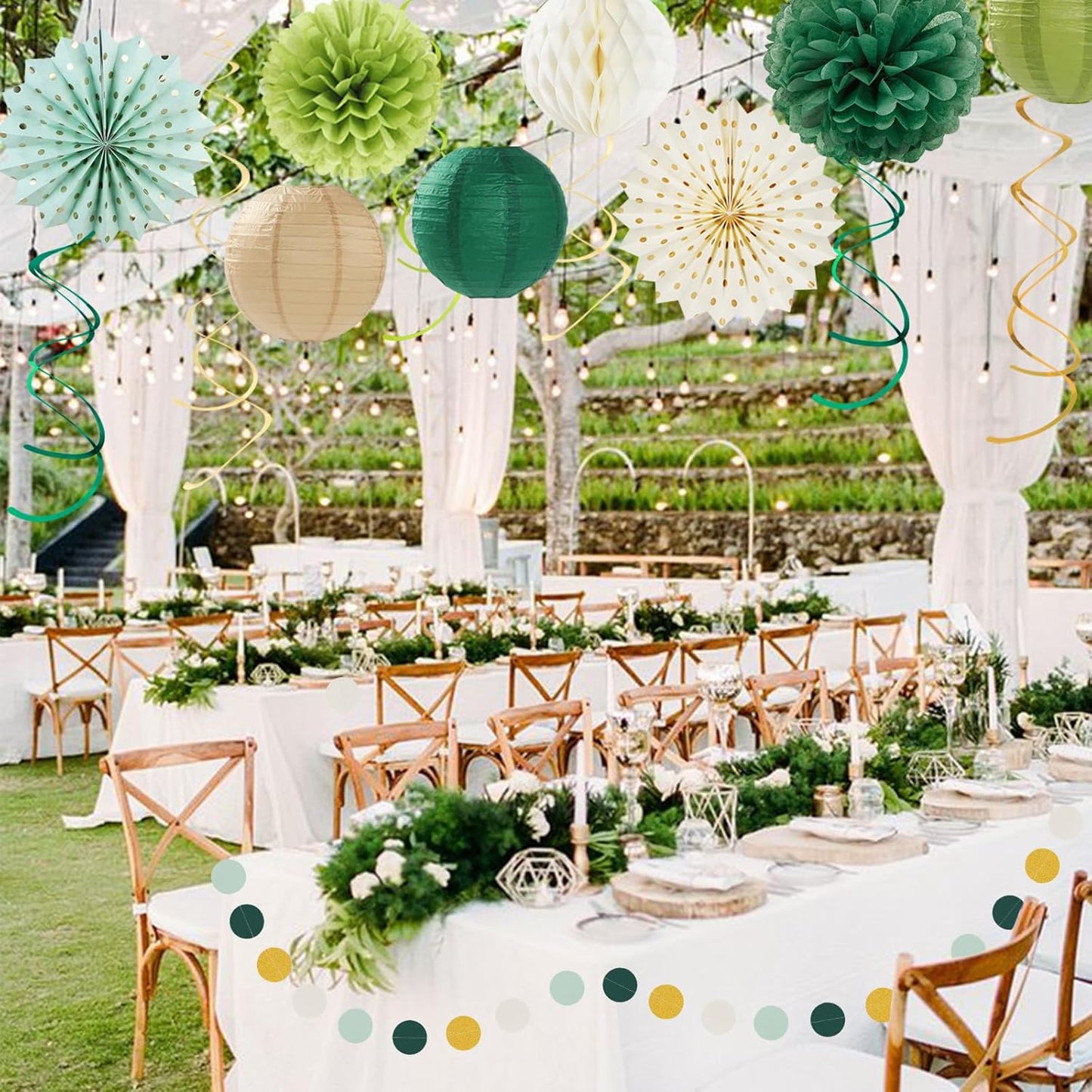 Sage-Green Boho Party-Decorations Paper-Flowers Lanterns - 20PCS Rustic Tissue Pom Poms Streamers Fans Honeycomb, Birthday Baby Shower Neutral Garden Neutral Wedding Hanging Supplies Decor Burgleda