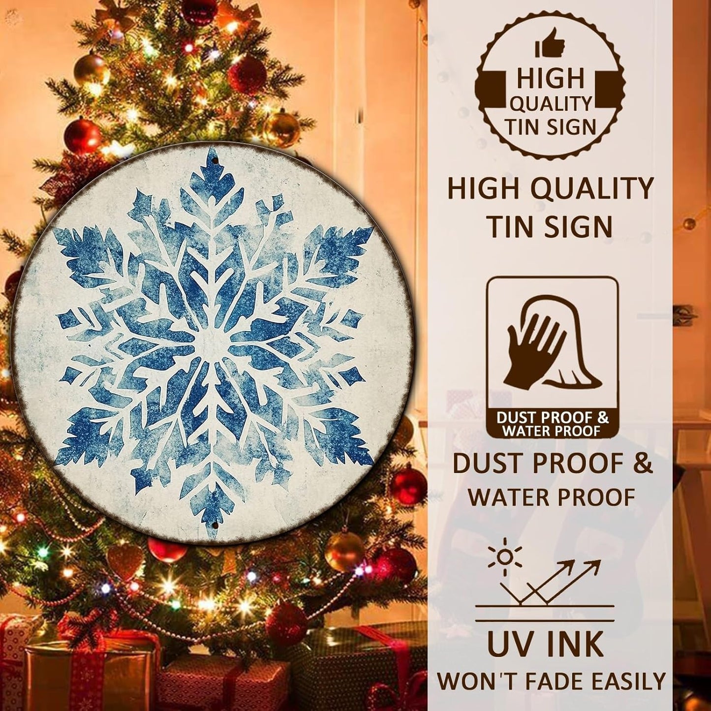 Round Christmas Metal Tin Sign Vintage Snowflake Signs Winter Christmas Sign Retro Wall Decor Tin Sign Funny Decorations for Home Cafes Office Store Pubs Tin Sign 12 * 12 in