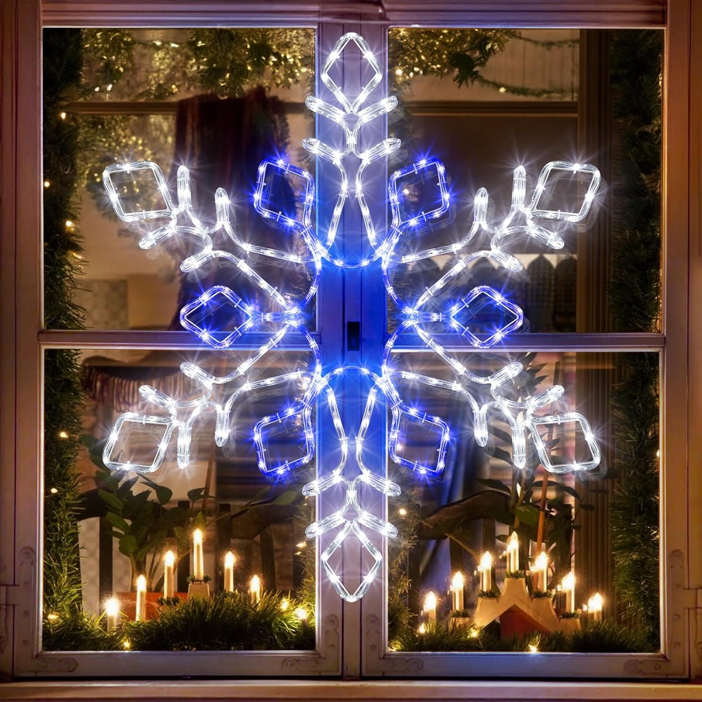 Christmas 35'' Snowflake Lights Decoration - Outdoor Waterproof Christmas Lights Super-Bright White and Blue with Ultimate Timer for Outdoor Home Party Wall Hanging Light