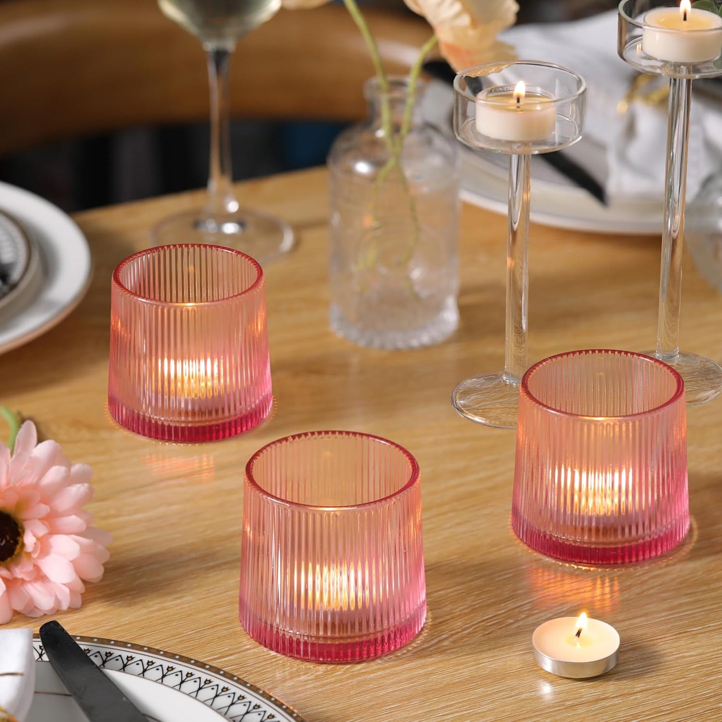 Pink Ribbed Tealight Votive Candle Holders- 6Pack Glass Candle Holders for Table Centerpiece, Home Decor, Wedding Decor, Party Dinner