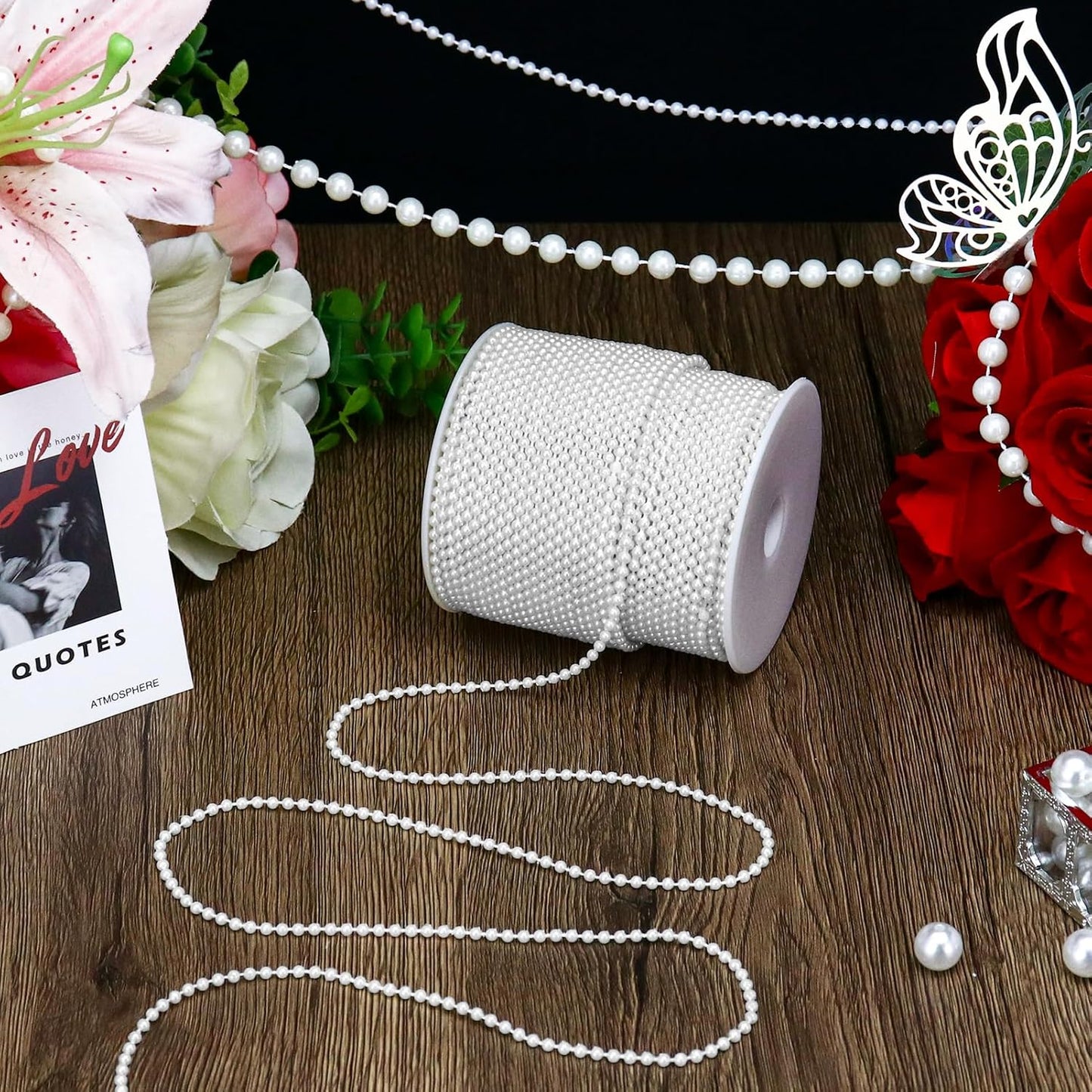 99 Feet 3mm Pearl Strings for Crafts, Artificial Pearl Beaded Garland Trim Chain Strands for Wedding Centerpieces Party Decoration Christmas Tree Garland, White