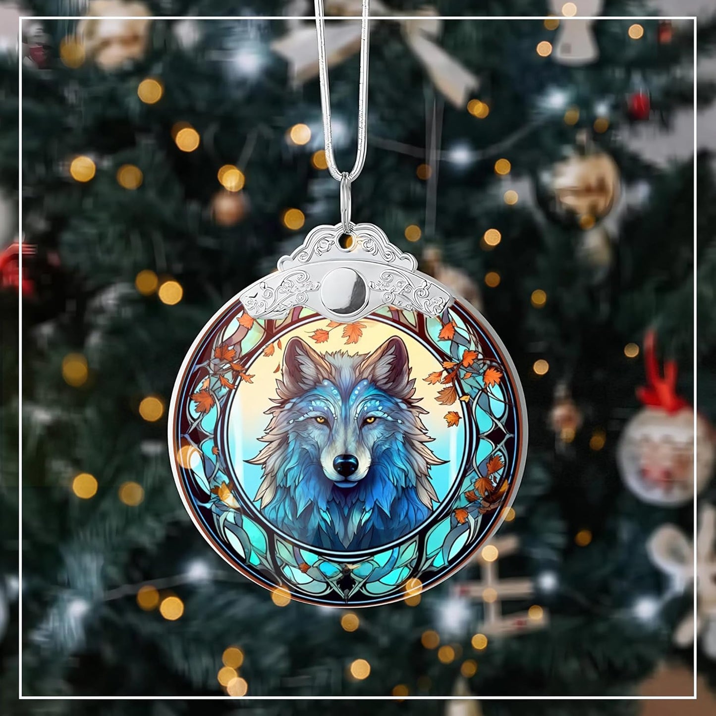 2025 Ornament Stained Glass Effect, Big 4 Inch Acrylic Hanging Art, Tree Ornaments, Holiday Decoration, Car Interior Accent, 2025 Christmas Ornament (Mystic Wolf)