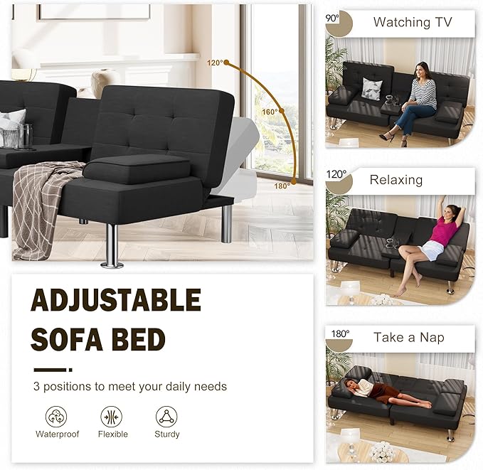 Shahoo Modern Linen Upholstered Convertible Folding Futon Sofa Bed - Image 4
