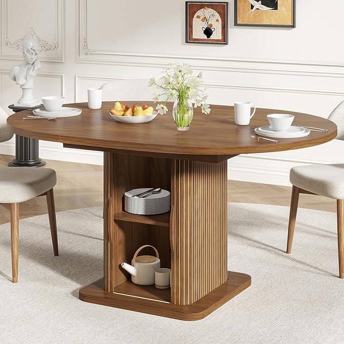 Extendable Round Dining Table for 4-6-8, 59 Inch Dining Room Kitchen Table by Woemtoric