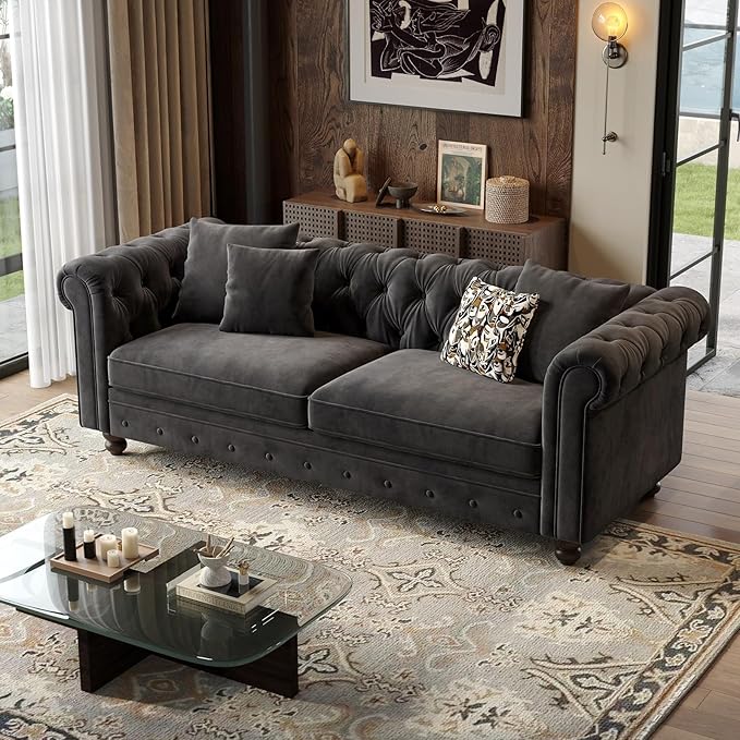 ONBRILL 82 Inch Chesterfield Sofa, 23 Inch Deep Seat Velvet Couch - Image 7