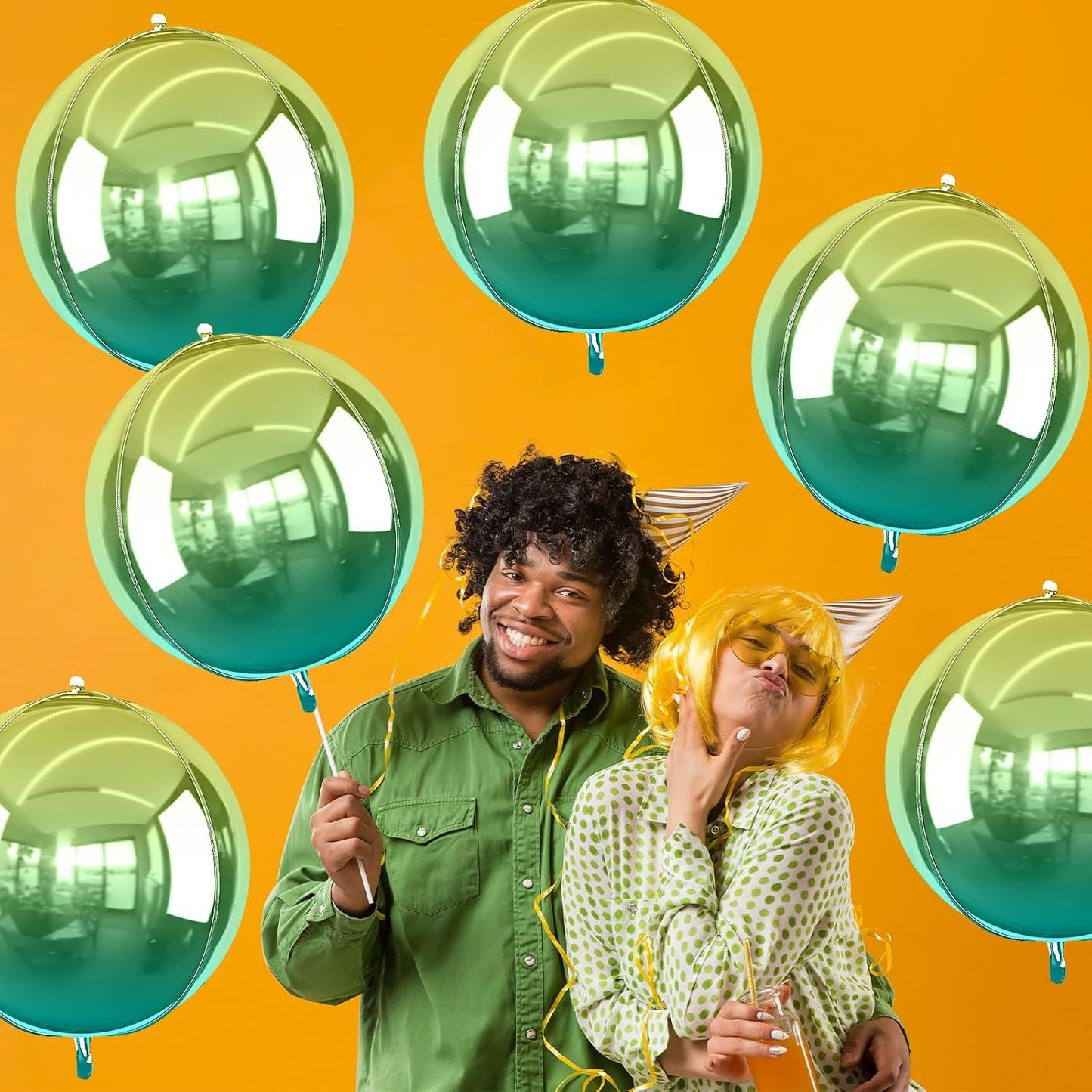 6Pcs Gradient Green Round Foil Balloons, 22" Large Helium Ball Mylar Balloon, Metallic Green Foil Balloon for Birthday Graduation Wedding Halloween Disco Prom Tropical Party Decorations