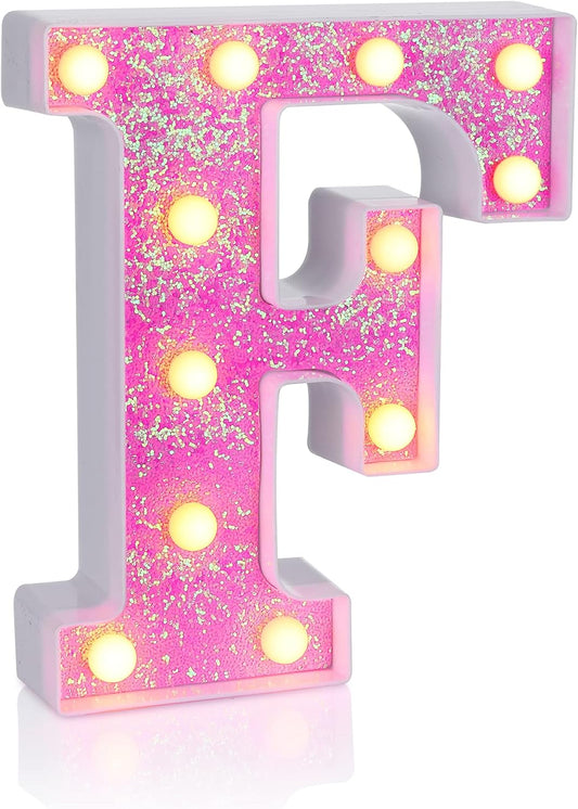 Foaky Pink Light up Letters，Pink Party Decorations,Girls Room Decor,Glitter Light Up Letters,Alphabet Letter Sign for Night Light Birthday Party Girls Gifts, Home Bar Decoration（F）
