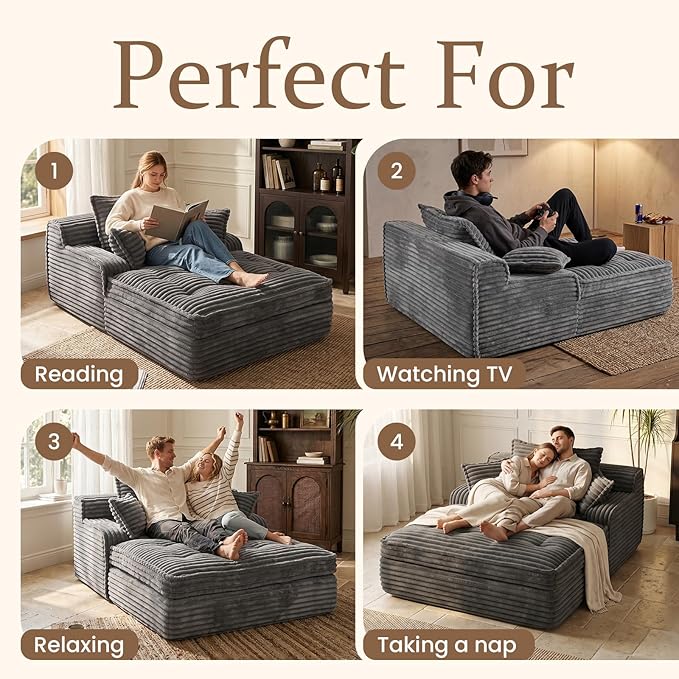 Boneless Chaise Lounge Couch Indoor, Oversized Corduroy Upholstered Sofa Bed - Image 3